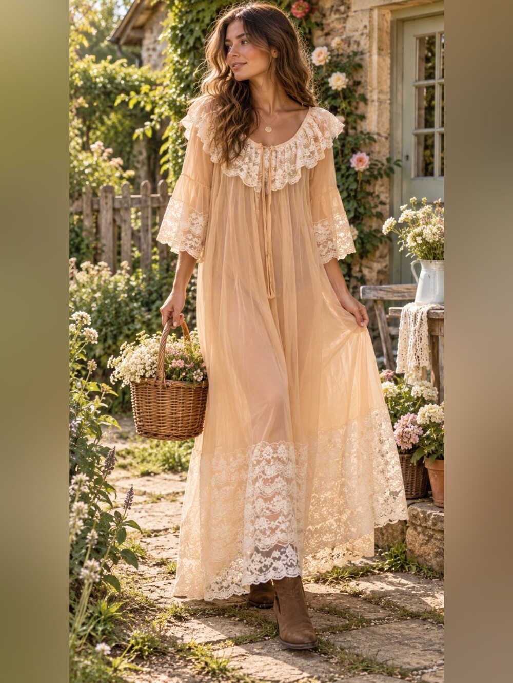 Vintage Cottage Sheer Peach Lace-Trimmed Ethereal Nightgown Medium